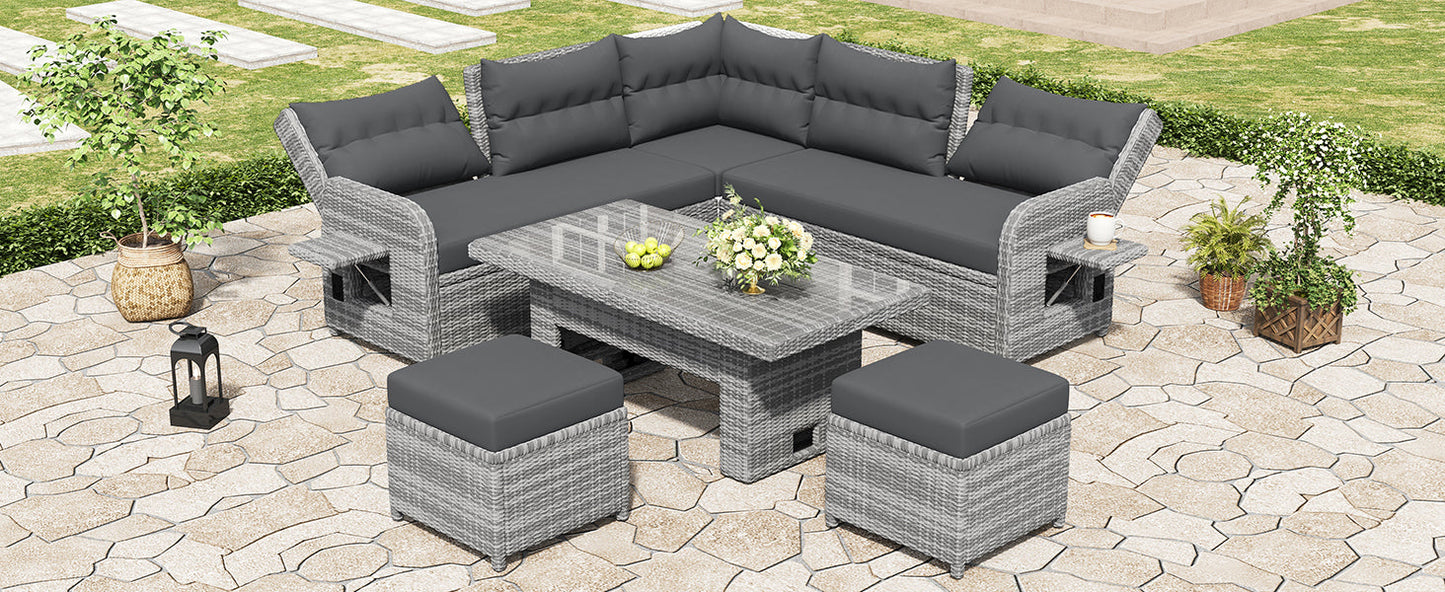 House Of Zazla - Outdoor Patio Set Rattan Furniture with Adjustable Table, Recliners, Side Tables, Ottomans