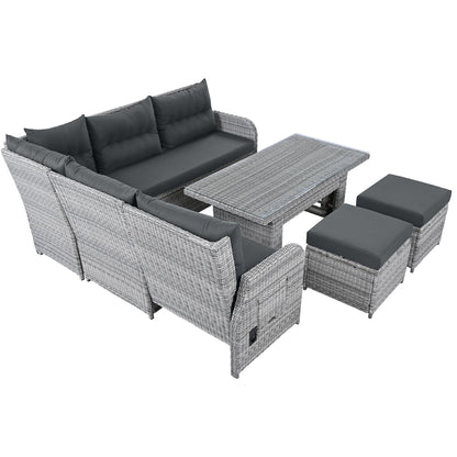 House Of Zazla - Outdoor Patio Set Rattan Furniture with Adjustable Table, Recliners, Side Tables, Ottomans