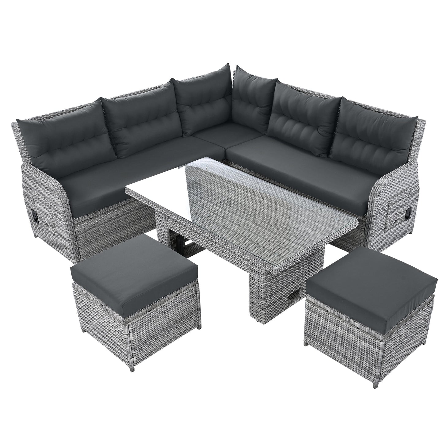 House Of Zazla - Outdoor Patio Set Rattan Furniture with Adjustable Table, Recliners, Side Tables, Ottomans