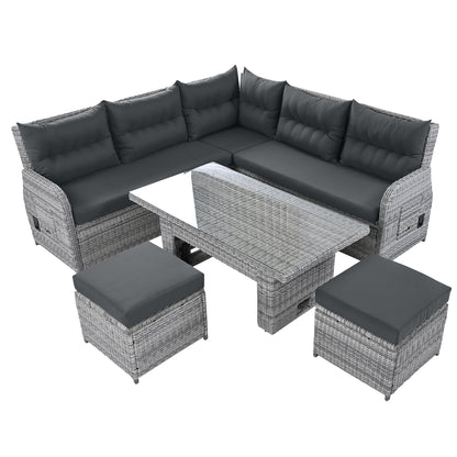 House Of Zazla - Outdoor Patio Set Rattan Furniture with Adjustable Table, Recliners, Side Tables, Ottomans