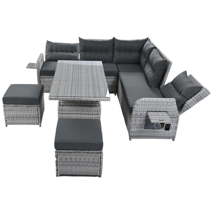 House Of Zazla - Outdoor Patio Set Rattan Furniture with Adjustable Table, Recliners, Side Tables, Ottomans