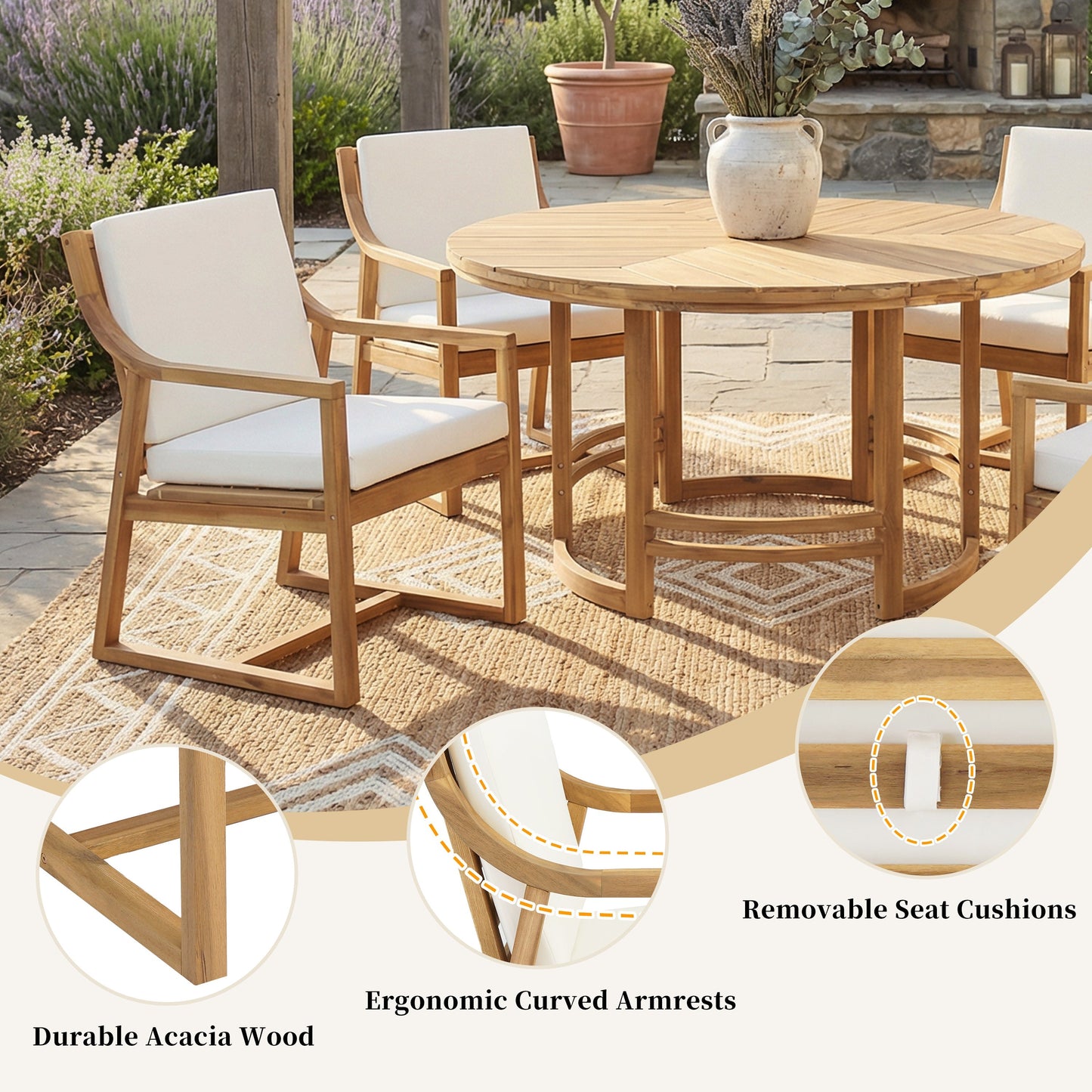 House Of Zazla - Outdoor Dining Set 5-Piece Patio Table And Chairs Set with Umbrella Hole