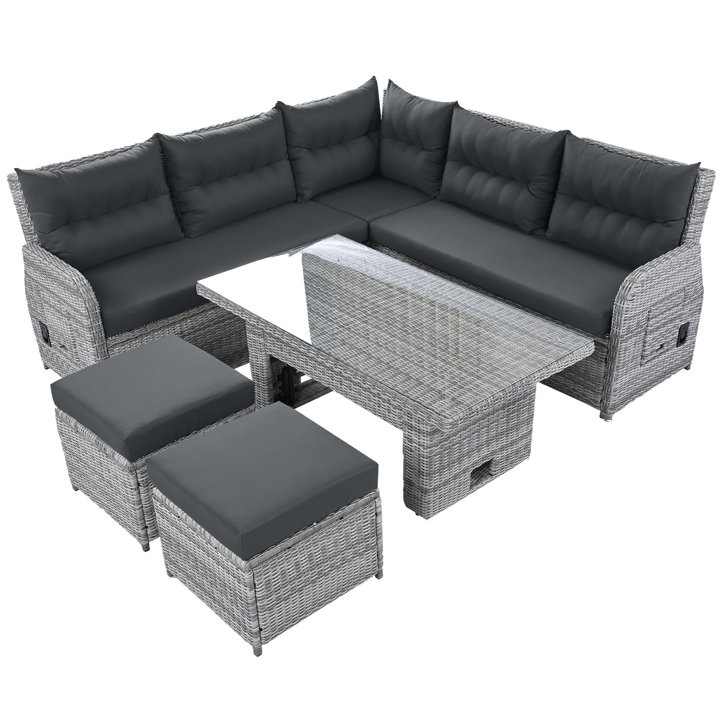 House Of Zazla - Outdoor Patio Set Rattan Furniture with Adjustable Table, Recliners, Side Tables, Ottomans