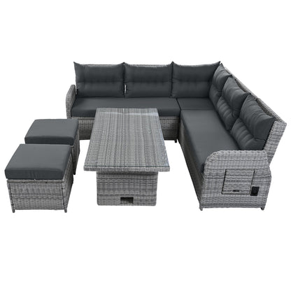 House Of Zazla - Outdoor Patio Set Rattan Furniture with Adjustable Table, Recliners, Side Tables, Ottomans
