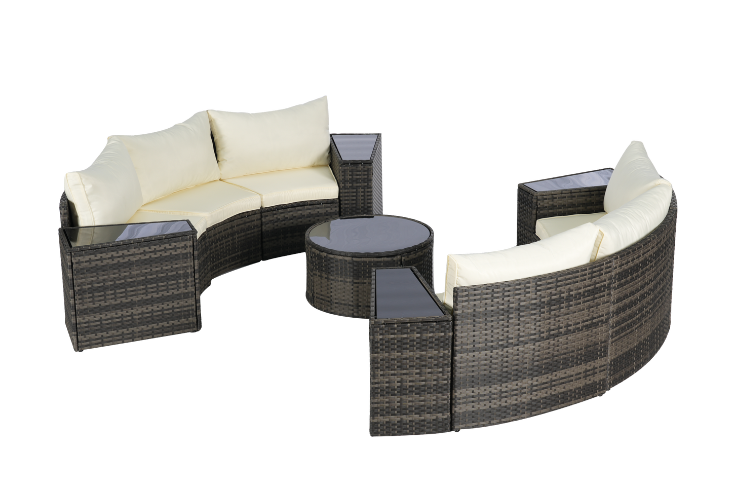 House of Zazla - Outdoor Patio Furniture 11-Piece Half-Moon Sectional Round Patio Furniture Set Sofa with Tempered Glass Round Coffee Table