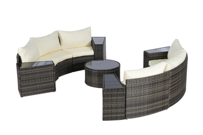 House of Zazla - Outdoor Patio Furniture 11-Piece Half-Moon Sectional Round Patio Furniture Set Sofa with Tempered Glass Round Coffee Table