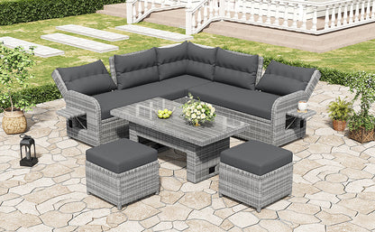 House Of Zazla - Outdoor Patio Set Rattan Furniture with Adjustable Table, Recliners, Side Tables, Ottomans