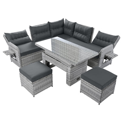 House Of Zazla - Outdoor Patio Set Rattan Furniture with Adjustable Table, Recliners, Side Tables, Ottomans