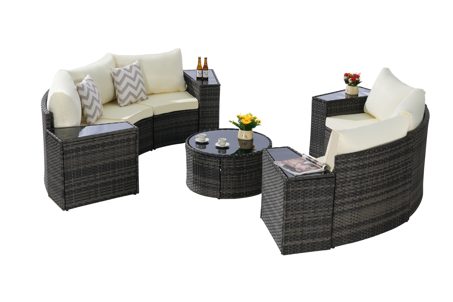 House of Zazla - Outdoor Patio Furniture 11-Piece Half-Moon Sectional Round Patio Furniture Set Sofa with Tempered Glass Round Coffee Table