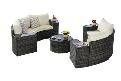 House of Zazla - Outdoor Patio Furniture 11-Piece Half-Moon Sectional Round Patio Furniture Set Sofa with Tempered Glass Round Coffee Table