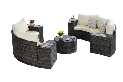 House of Zazla - Outdoor Patio Furniture 11-Piece Half-Moon Sectional Round Patio Furniture Set Sofa with Tempered Glass Round Coffee Table