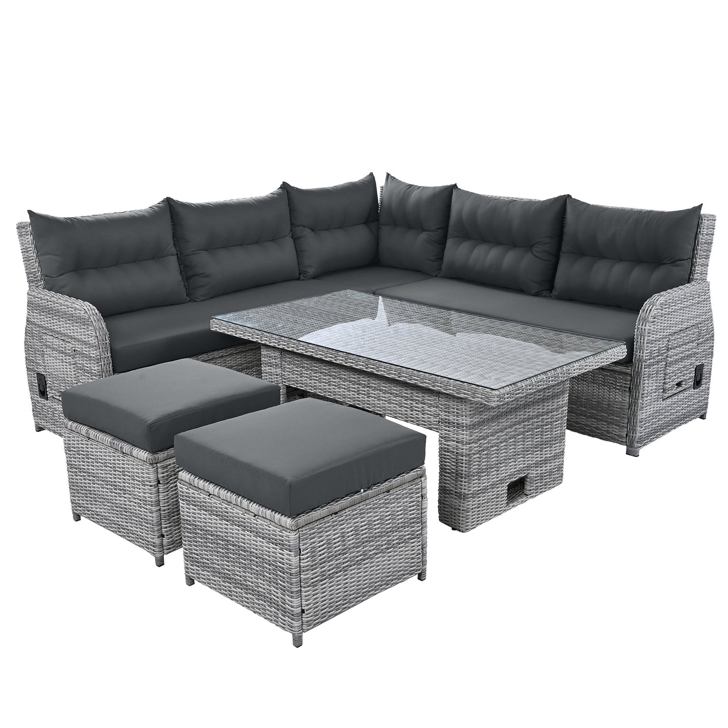 House Of Zazla - Outdoor Patio Set Rattan Furniture with Adjustable Table, Recliners, Side Tables, Ottomans