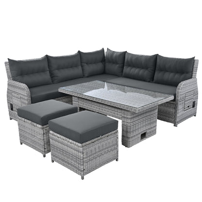House Of Zazla - Outdoor Patio Set Rattan Furniture with Adjustable Table, Recliners, Side Tables, Ottomans