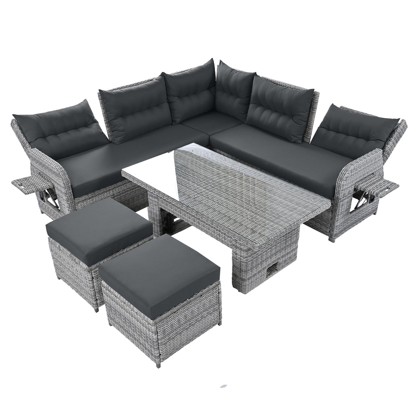 House Of Zazla - Outdoor Patio Set Rattan Furniture with Adjustable Table, Recliners, Side Tables, Ottomans