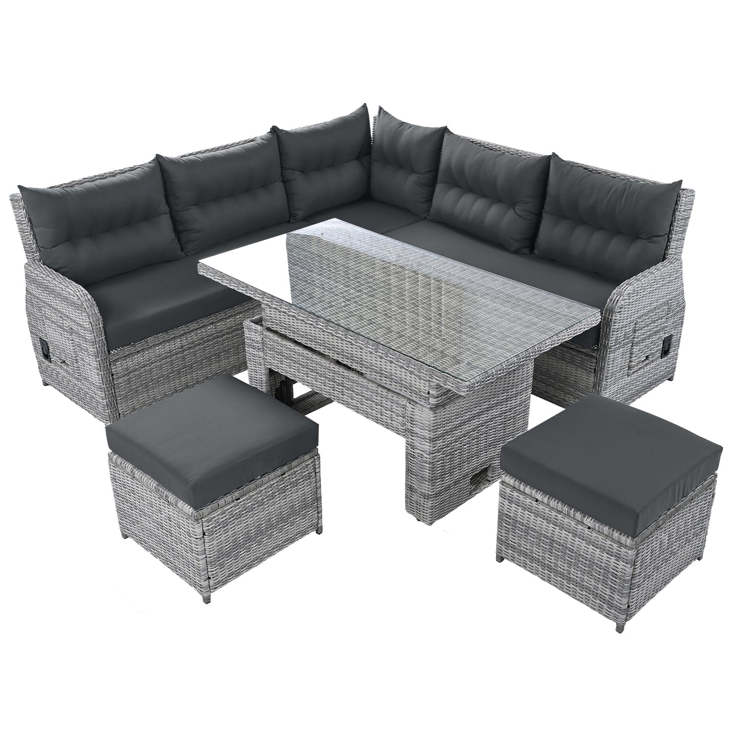 House Of Zazla - Outdoor Patio Set Rattan Furniture with Adjustable Table, Recliners, Side Tables, Ottomans