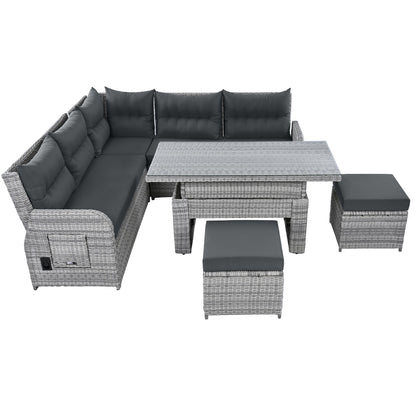 House Of Zazla - Outdoor Patio Set Rattan Furniture with Adjustable Table, Recliners, Side Tables, Ottomans