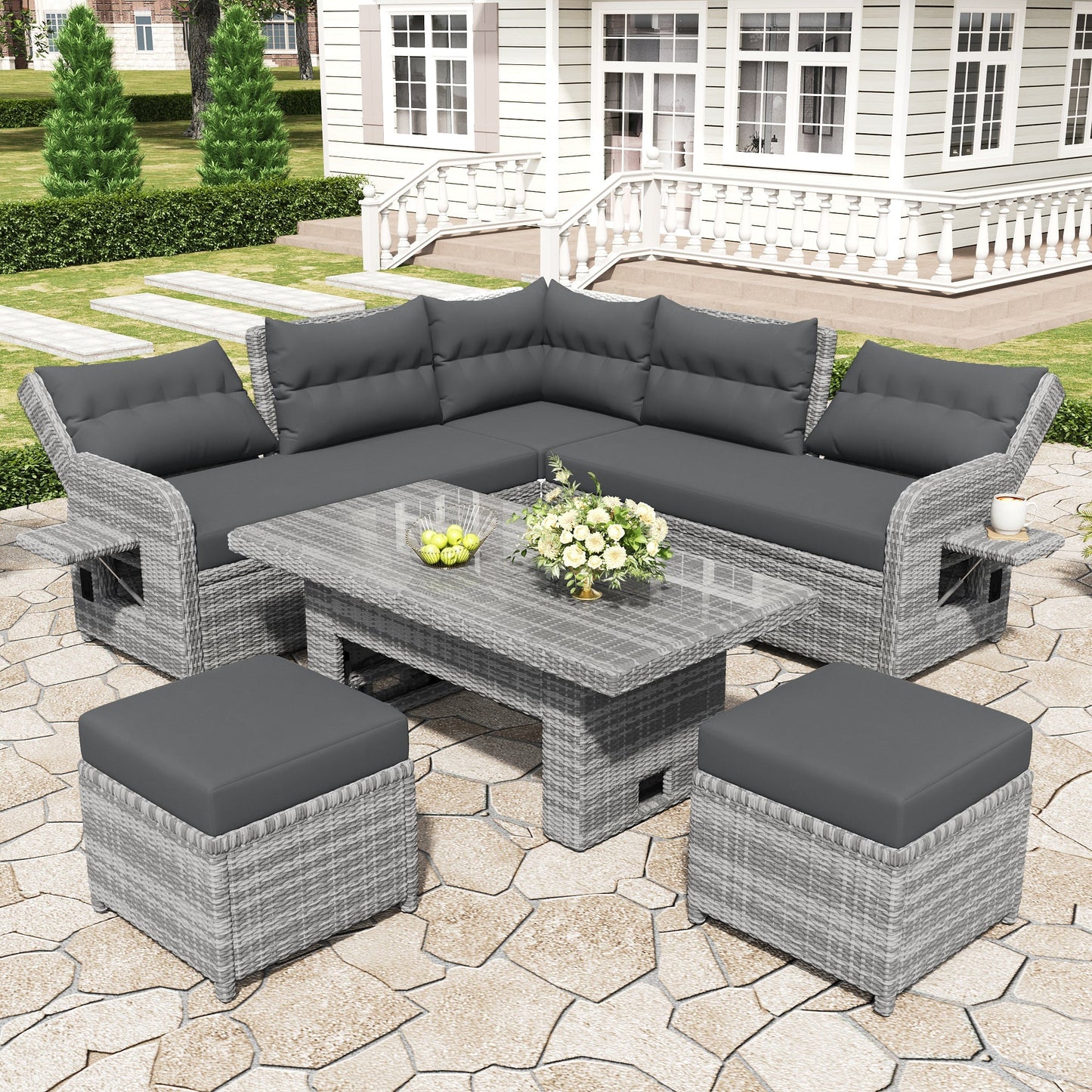 House Of Zazla - Outdoor Patio Set Rattan Furniture with Adjustable Table, Recliners, Side Tables, Ottomans