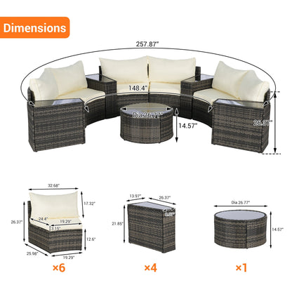 House of Zazla - Outdoor Patio Furniture 11-Piece Half-Moon Sectional Round Patio Furniture Set Sofa with Tempered Glass Round Coffee Table