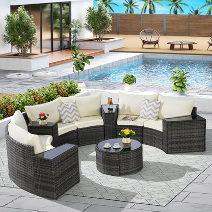 House of Zazla - Outdoor Patio Furniture 11-Piece Half-Moon Sectional Round Patio Furniture Set Sofa with Tempered Glass Round Coffee Table