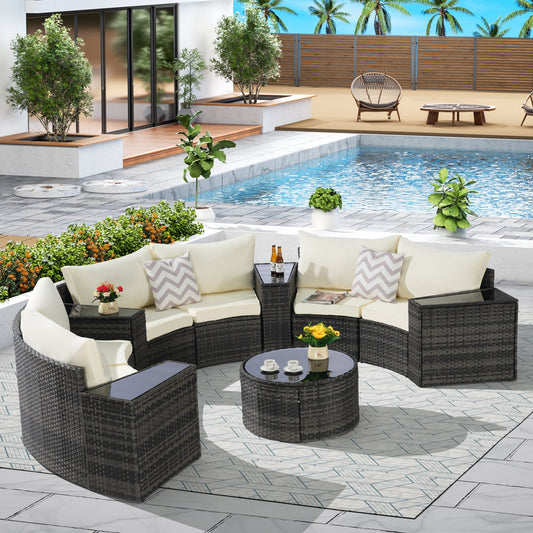 House of Zazla - Outdoor Patio Furniture 11-Piece Half-Moon Sectional Round Patio Furniture Set Sofa with Tempered Glass Round Coffee Table