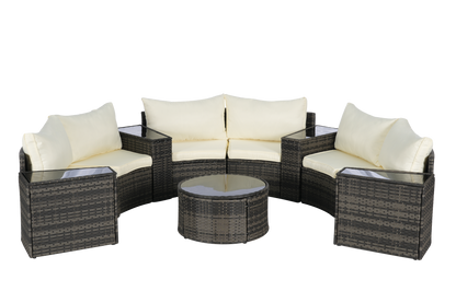 House of Zazla - Outdoor Patio Furniture 11-Piece Half-Moon Sectional Round Patio Furniture Set Sofa with Tempered Glass Round Coffee Table