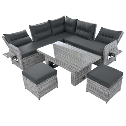 House Of Zazla - Outdoor Patio Set Rattan Furniture with Adjustable Table, Recliners, Side Tables, Ottomans