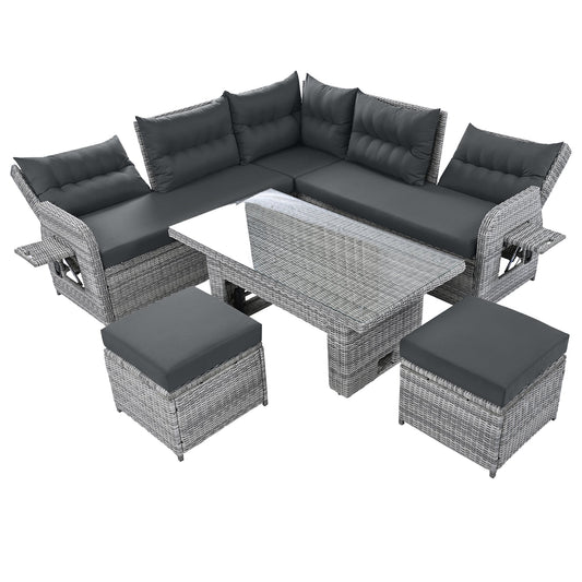 House Of Zazla - Outdoor Patio Set Rattan Furniture with Adjustable Table, Recliners, Side Tables, Ottomans