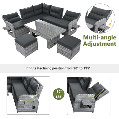 House Of Zazla - Outdoor Patio Set Rattan Furniture with Adjustable Table, Recliners, Side Tables, Ottomans