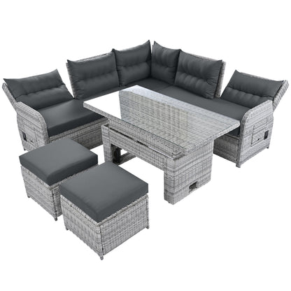 House Of Zazla - Outdoor Patio Set Rattan Furniture with Adjustable Table, Recliners, Side Tables, Ottomans