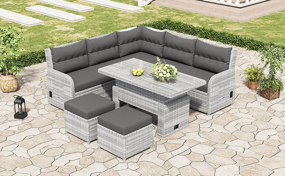 House Of Zazla - Outdoor Patio Set Rattan Furniture with Adjustable Table, Recliners, Side Tables, Ottomans