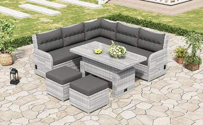 House Of Zazla - Outdoor Patio Set Rattan Furniture with Adjustable Table, Recliners, Side Tables, Ottomans