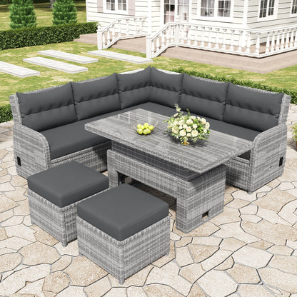 House Of Zazla - Outdoor Patio Set Rattan Furniture with Adjustable Table, Recliners, Side Tables, Ottomans