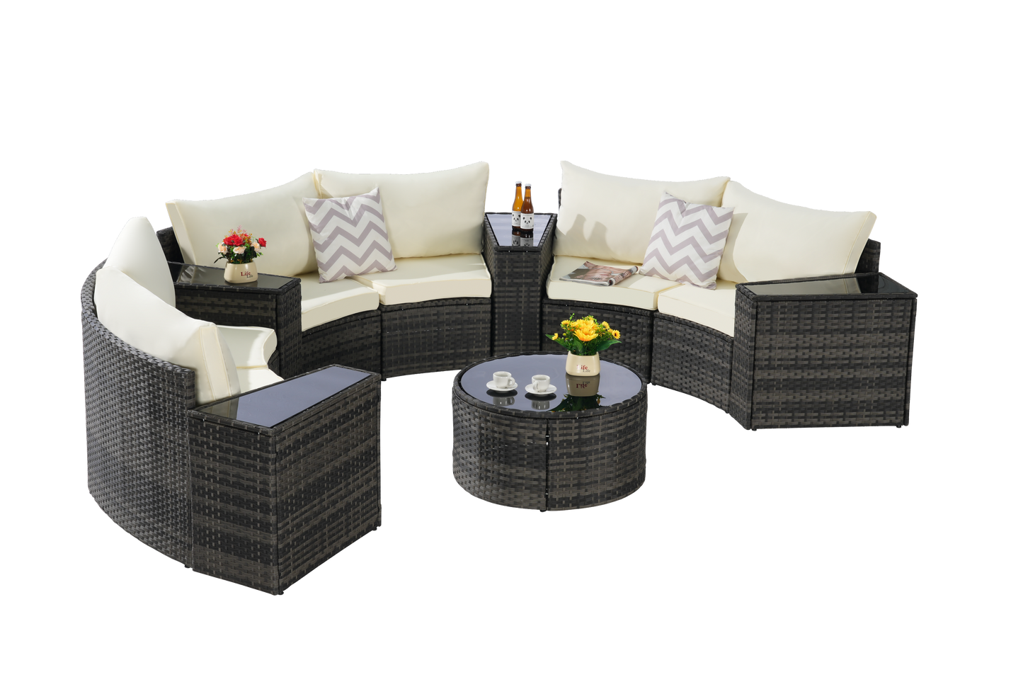 House of Zazla - Outdoor Patio Furniture 11-Piece Half-Moon Sectional Round Patio Furniture Set Sofa with Tempered Glass Round Coffee Table