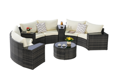 House of Zazla - Outdoor Patio Furniture 11-Piece Half-Moon Sectional Round Patio Furniture Set Sofa with Tempered Glass Round Coffee Table