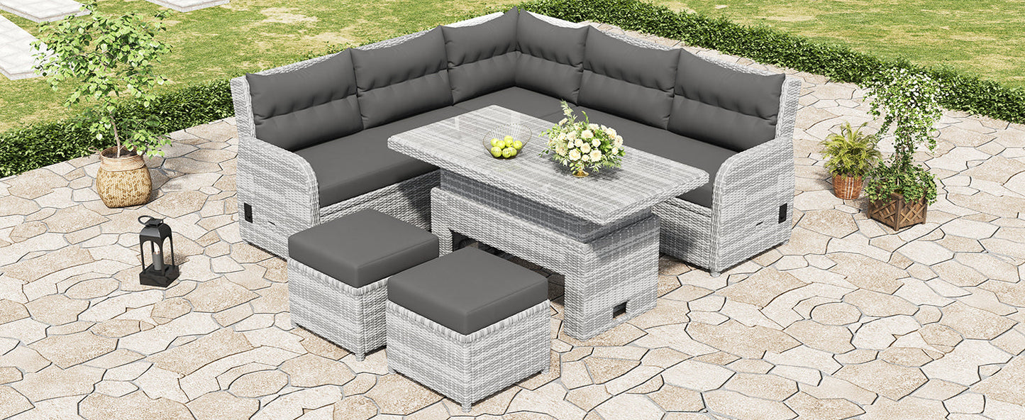 House Of Zazla - Outdoor Patio Set Rattan Furniture with Adjustable Table, Recliners, Side Tables, Ottomans