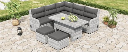 House Of Zazla - Outdoor Patio Set Rattan Furniture with Adjustable Table, Recliners, Side Tables, Ottomans
