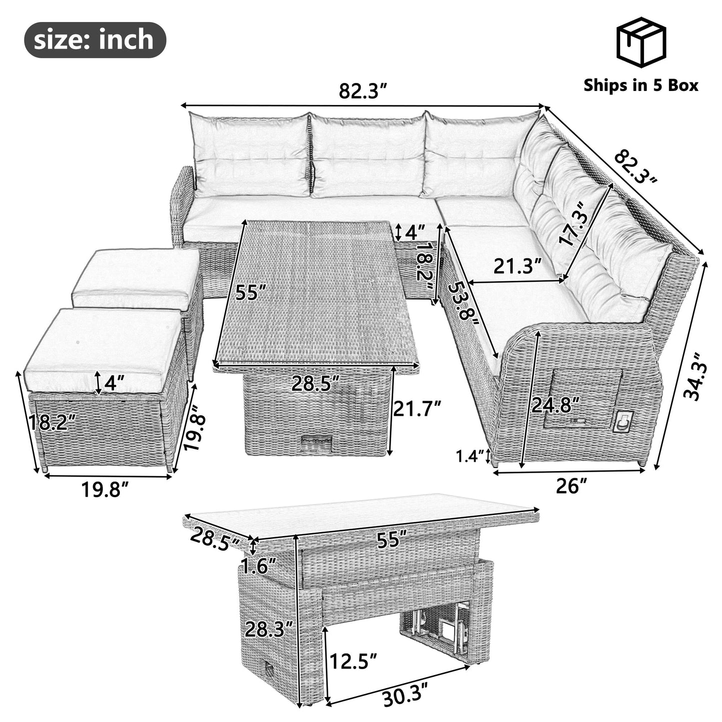 House Of Zazla - Outdoor Patio Set Rattan Furniture with Adjustable Table, Recliners, Side Tables, Ottomans